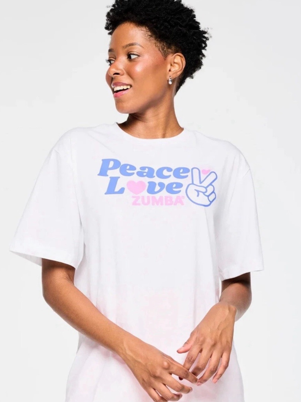 Zumba Fitness Peace Love Graphic Tee - White with Blue & Pink